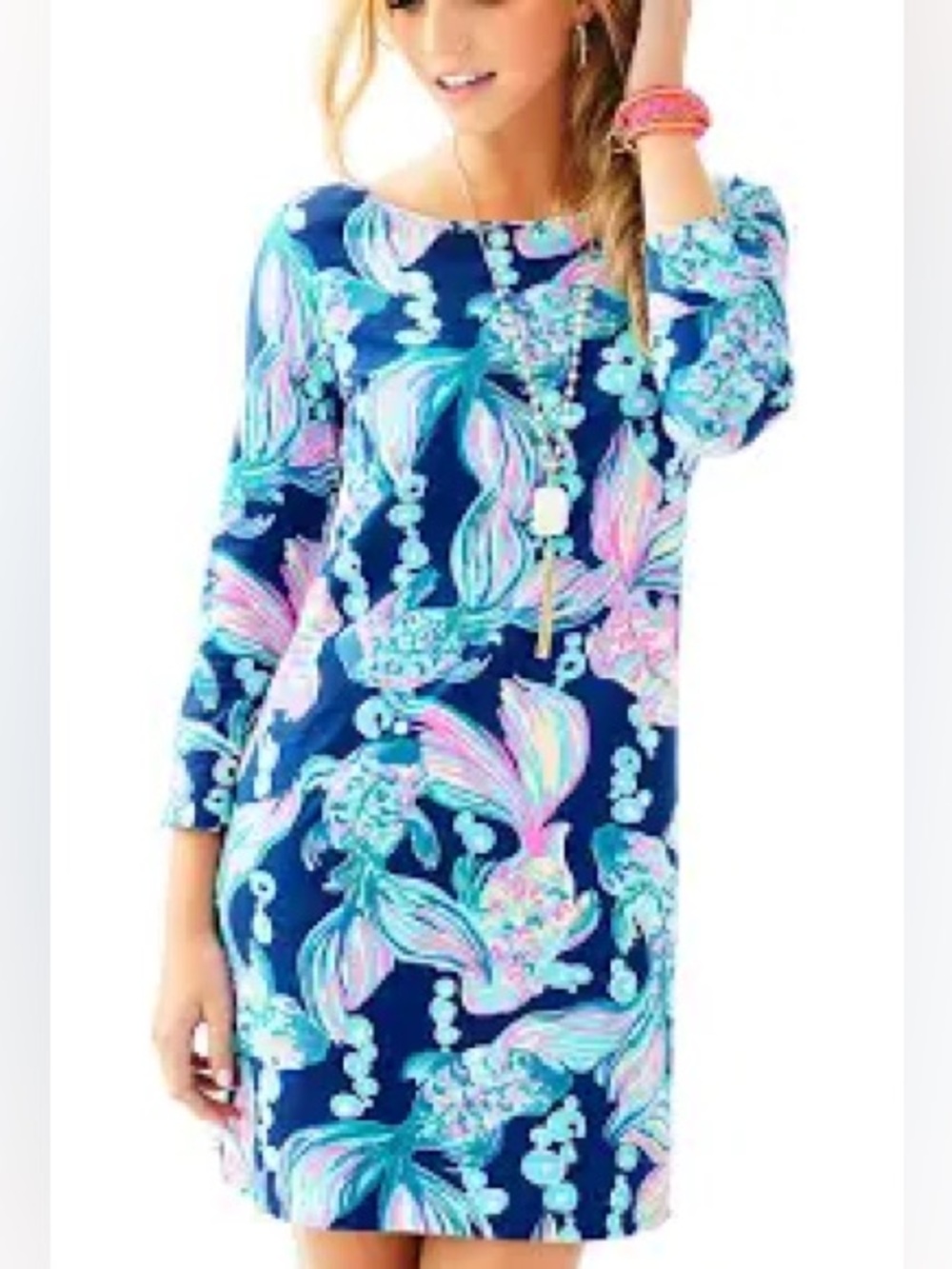 Lilly Pulitzer Marlowe T-shirt Dress Womens M Blue Sea Turtle 3/4 Sleeve